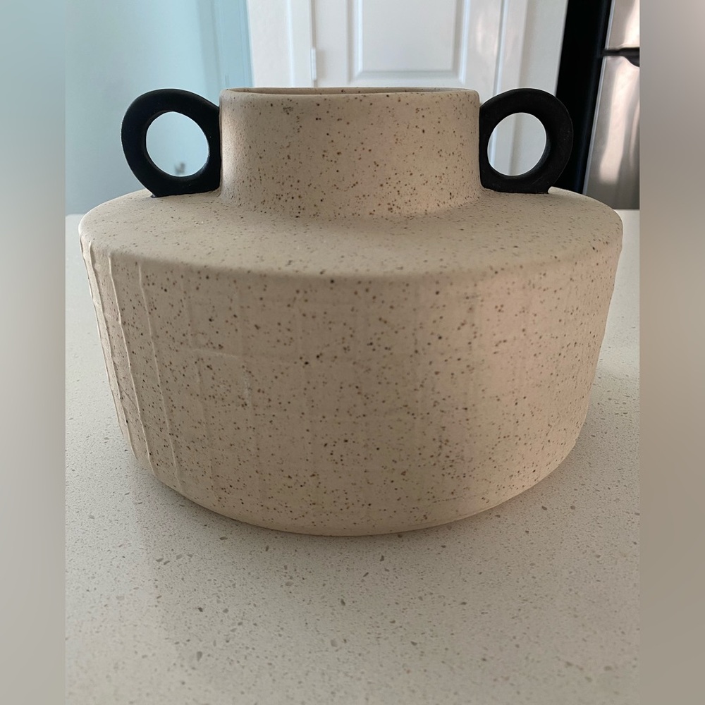 Unbranded Cream Speckled Ceramic Vase with Black Ring Handles